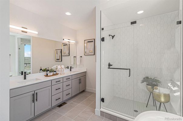 Bathroom, Dual Sink Vanities, Glass Shower, Interior, Recessed Lighting