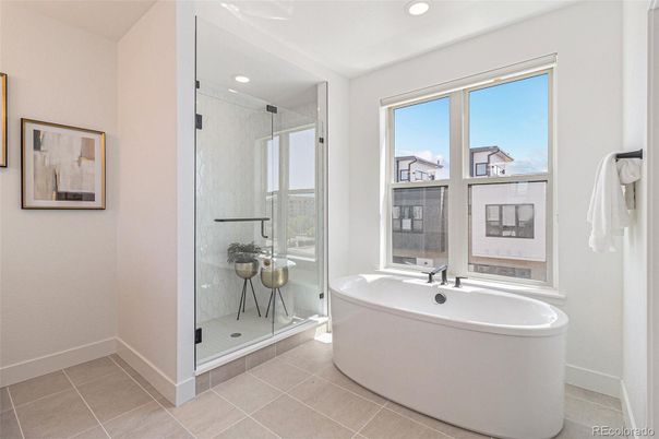 Bathroom, Free Standing Baths, Glass Shower, Interior, Recessed Lighting