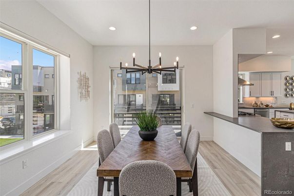 Dining room, Interior, Kitchen, Pendant Lights, Recessed Lighting, Wood Texture Flooring