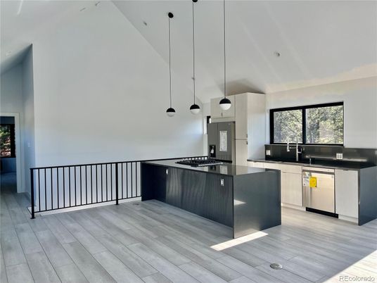 Interior, Kitchen, Pendant Lights, Stainless Steel Appliances, Wood Texture Flooring
