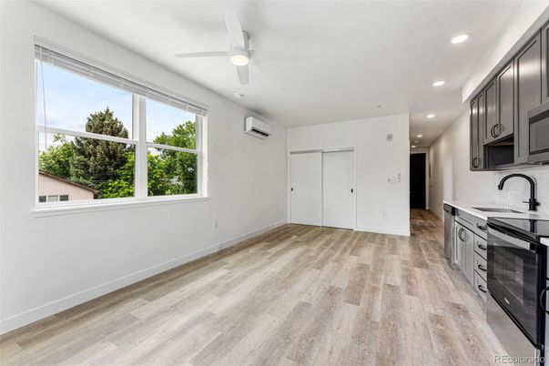 Empty room, Interior, Kitchen, Recessed Lighting, Wood Texture Flooring