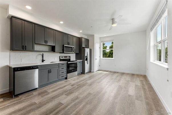 Interior, Kitchen, Recessed Lighting, Stainless Steel Appliances, Wood Texture Flooring