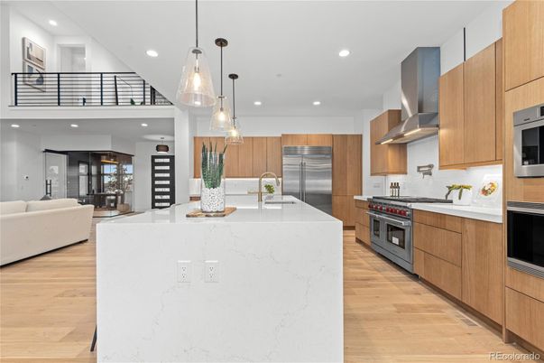 Interior, Kitchen, Living room, Pendant Lights, Recessed Lighting, Stainless Steel Appliances, Wood Texture Flooring