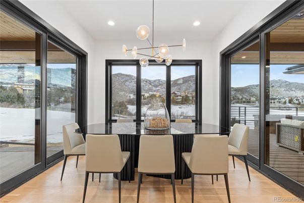 Dining room, Interior, Pendant Lights, Recessed Lighting, Wood Texture Flooring