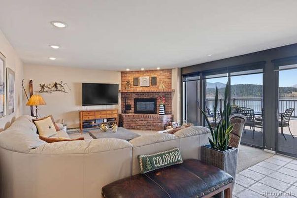 Fireplace, Interior, Living room, Recessed Lighting, Stone Walls