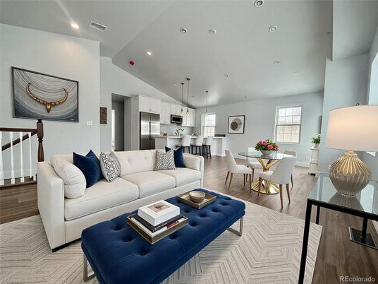 Dining room, Interior, Kitchen, Living room, Pendant Lights, Recessed Lighting, Stainless Steel Appliances, Wood Texture Flooring