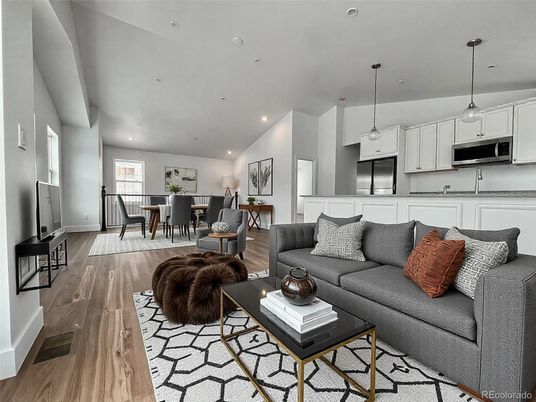 Dining room, Interior, Kitchen, Living room, Pendant Lights, Recessed Lighting, Stainless Steel Appliances, Wood Texture Flooring