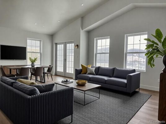 Dining room, Interior, Living room, Recessed Lighting, Wood Texture Flooring