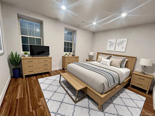 Bedroom, Interior, Recessed Lighting, Wood Texture Flooring