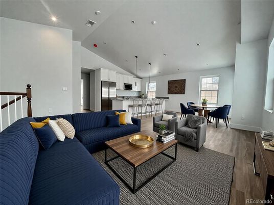 Dining room, Interior, Kitchen, Living room, Pendant Lights, Recessed Lighting, Stainless Steel Appliances, Wood Texture Flooring