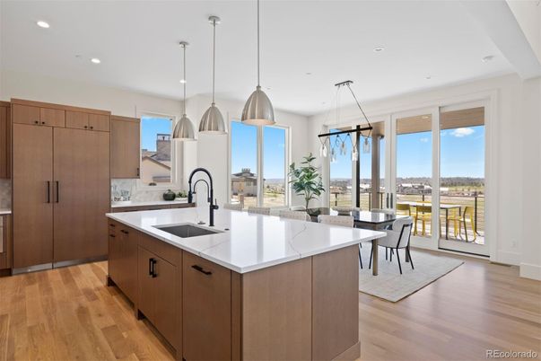 Dining room, Interior, Kitchen, Pendant Lights, Recessed Lighting, Wood Texture Flooring