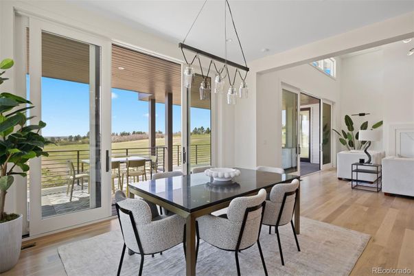 Dining room, Interior, Pendant Lights, Recessed Lighting, Wood Texture Flooring