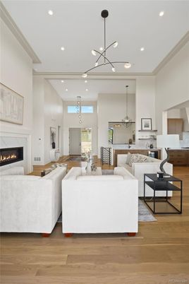 Fireplace, Interior, Kitchen, Living room, Pendant Lights, Recessed Lighting, Wood Texture Flooring