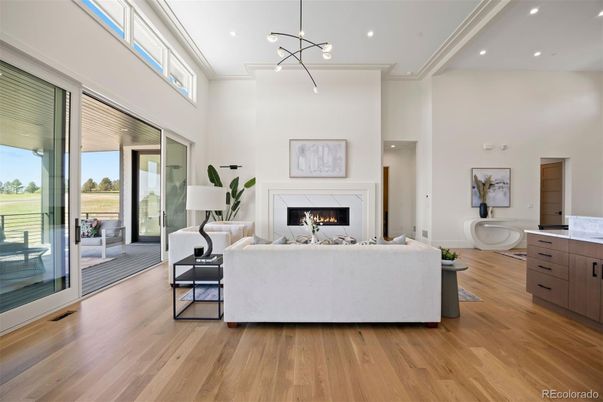 Fireplace, Interior, Living room, Pendant Lights, Recessed Lighting, Wood Texture Flooring