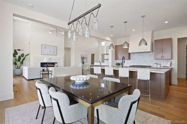Dining room, Fireplace, Interior, Kitchen, Living room, Pendant Lights, Recessed Lighting, Wood Texture Flooring