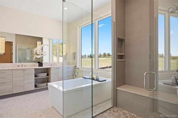 Bathroom, Dual Sink Vanities, Free Standing Baths, Glass Shower, Interior, Recessed Lighting