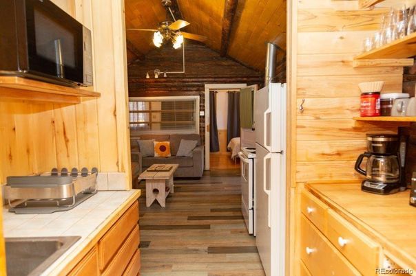 Interior, Kitchen, Tile Countertops, Wooden Ceilings, Wood Texture Flooring, Wooden Walls