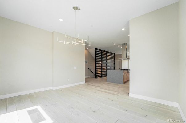 Empty room, Interior, Kitchen, Pendant Lights, Recessed Lighting, Wood Texture Flooring