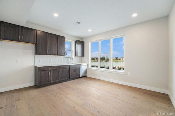 Empty room, Interior, Kitchen, Recessed Lighting, Wood Texture Flooring