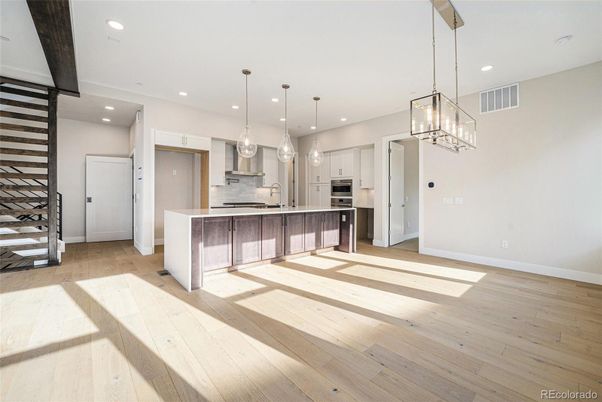 Interior, Kitchen, Pendant Lights, Recessed Lighting, Stainless Steel Appliances, Wood Texture Flooring