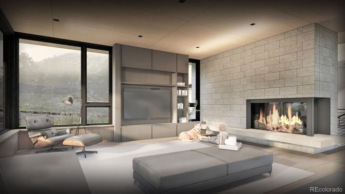 Fireplace, Interior, Living room, Recessed Lighting, Stone Walls