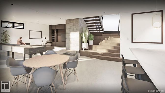 Dining room, Interior, Pendant Lights, Recessed Lighting, Stone Walls