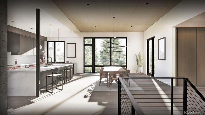 Dining room, Interior, Pendant Lights, Recessed Lighting, Wood Texture Flooring