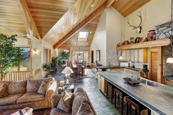 Dining room, Interior, Kitchen, Living room, Pendant Lights, Recessed Lighting, Stainless Steel Appliances, Wooden Beams, Wooden Ceilings