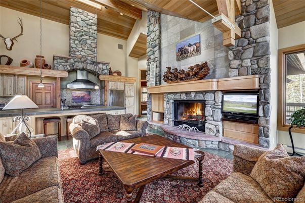 Fireplace, Interior, Living room, Pendant Lights, Stone Walls, Wooden Beams, Wooden Ceilings