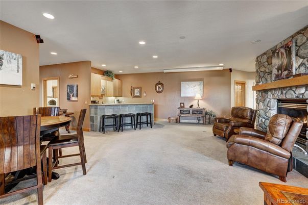 Dining room, Fireplace, Interior, Kitchen, Recessed Lighting, Stone Walls