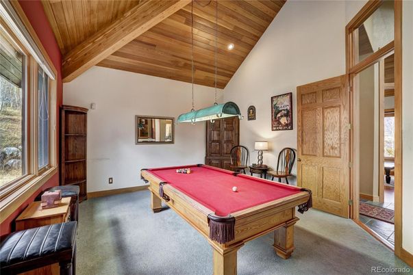 Billiard Table, Game Room, Interior, Pendant Lights, Recessed Lighting, Wooden Ceilings