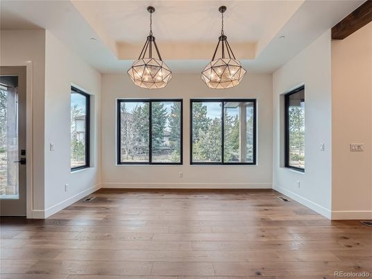 Empty room, Interior, Pendant Lights, Wood Texture Flooring