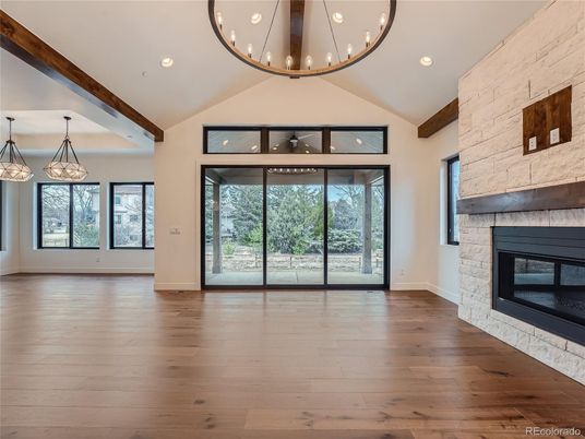 Empty room, Fireplace, Interior, Pendant Lights, Recessed Lighting, Wooden Beams, Wood Texture Flooring