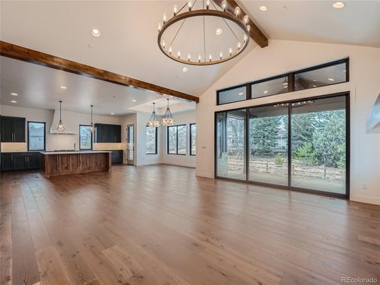 Chandelier, Empty room, Interior, Kitchen, Pendant Lights, Recessed Lighting, Wooden Beams, Wood Texture Flooring