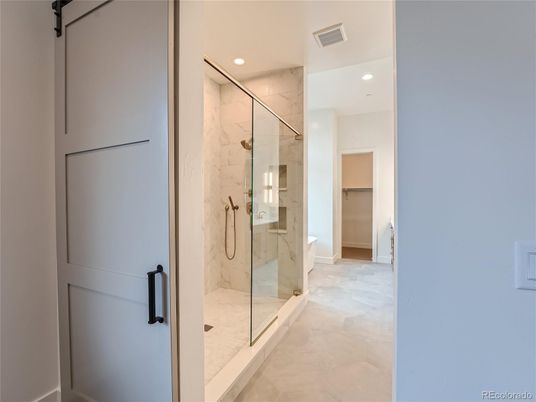Bathroom, Glass Shower, Interior, Marble Walls, Recessed Lighting