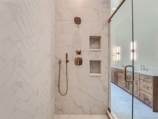Bathroom, Dual Sink Vanities, Glass Shower, Interior, Marble Walls
