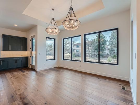 Empty room, Interior, Kitchen, Pendant Lights, Recessed Lighting, Wood Texture Flooring