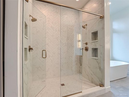 Bathroom, Glass Shower, Interior, Marble Walls, Recessed Lighting