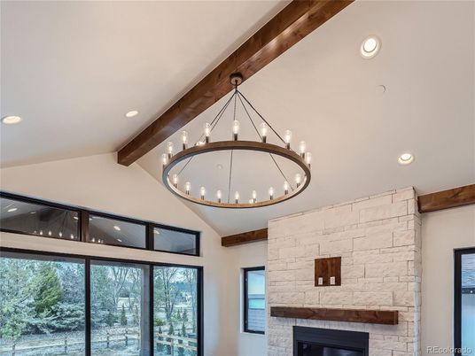 Fireplace, Interior, Pendant Lights, Recessed Lighting, Stone Walls, Wooden Beams