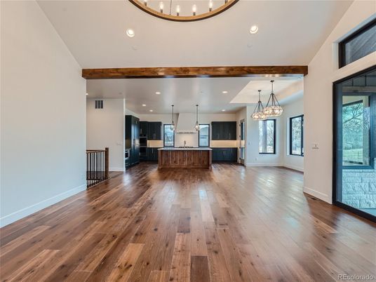 Chandelier, Interior, Kitchen, Pendant Lights, Recessed Lighting, Stainless Steel Appliances, Wooden Beams, Wood Texture Flooring