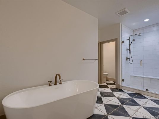 Bathroom, Free Standing Baths, Glass Shower, Interior, Recessed Lighting