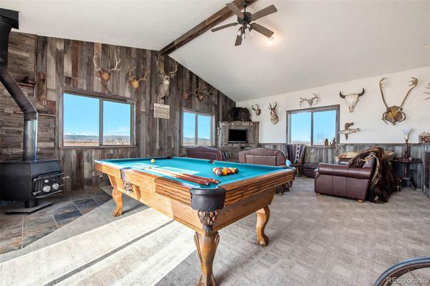 Billiard Table, Fireplace, Game Room, Interior, Wooden Beams, Wooden Walls