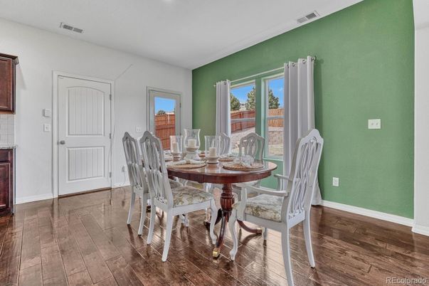 Dining room, Interior, Recessed Lighting, Wood Texture Flooring