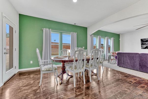 Dining room, Interior, Recessed Lighting, Wood Texture Flooring