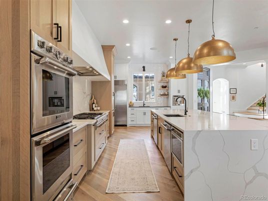 Interior, Kitchen, Pendant Lights, Recessed Lighting, Stainless Steel Appliances, Wood Texture Flooring