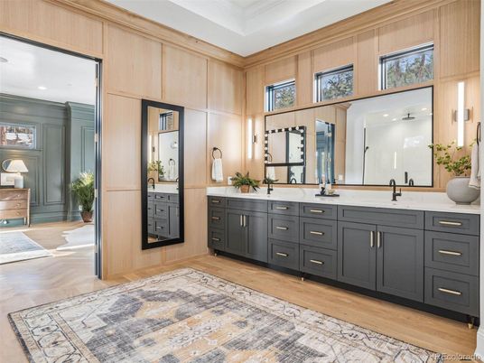 Bathroom, Dual Sink Vanities, Interior, Recessed Lighting, Wood Texture Flooring, Wooden Walls