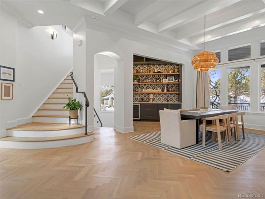 Chandelier, Dining room, Interior, Recessed Lighting, Wood Texture Flooring