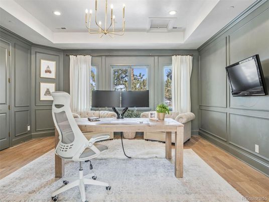 Home Office, Interior, Pendant Lights, Recessed Lighting, Wood Texture Flooring