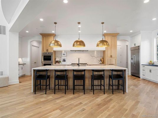 Interior, Kitchen, Pendant Lights, Recessed Lighting, Stainless Steel Appliances, Wood Texture Flooring