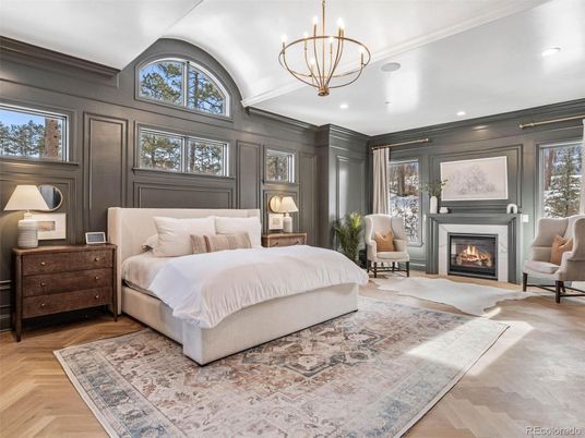 Bedroom, Fireplace, Interior, Pendant Lights, Recessed Lighting, Wood Texture Flooring